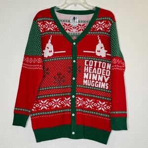 ELF Button Up V Neck Ugly Christmas Sweater‎ MEDIUM Red Green NWOT Unisex